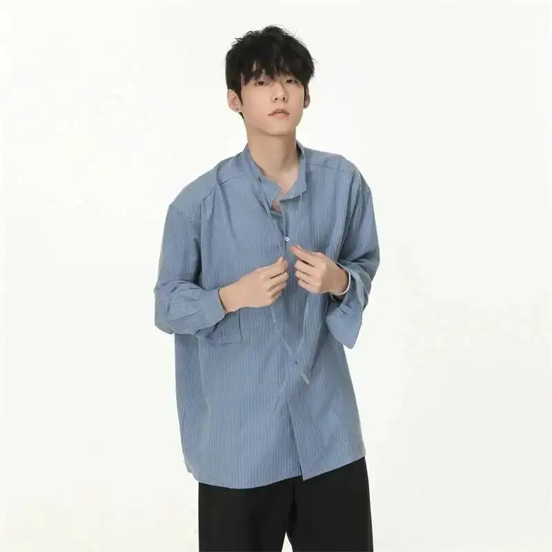 Men's Striped Shirt High-End Korean Style Drawstring Ribbon Design Loose Casual Round Collar Long Sleeve Blouse Top 9XDTEF