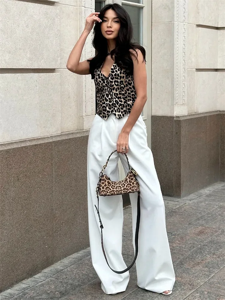 Tossy Leopard Printed 2-częściowy zestaw szortów dla kobiet V-Neck bez rękawów Top i szorty z kieszeniami z wysokim stanem Zestawy Streetwear