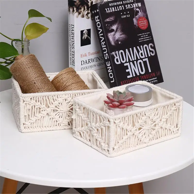 Woven Storage Baskets Wicker Macrame Baskets Fruit Tea Snack Bread Basket Rectangular Storage Box Kitchen Storage Accessories