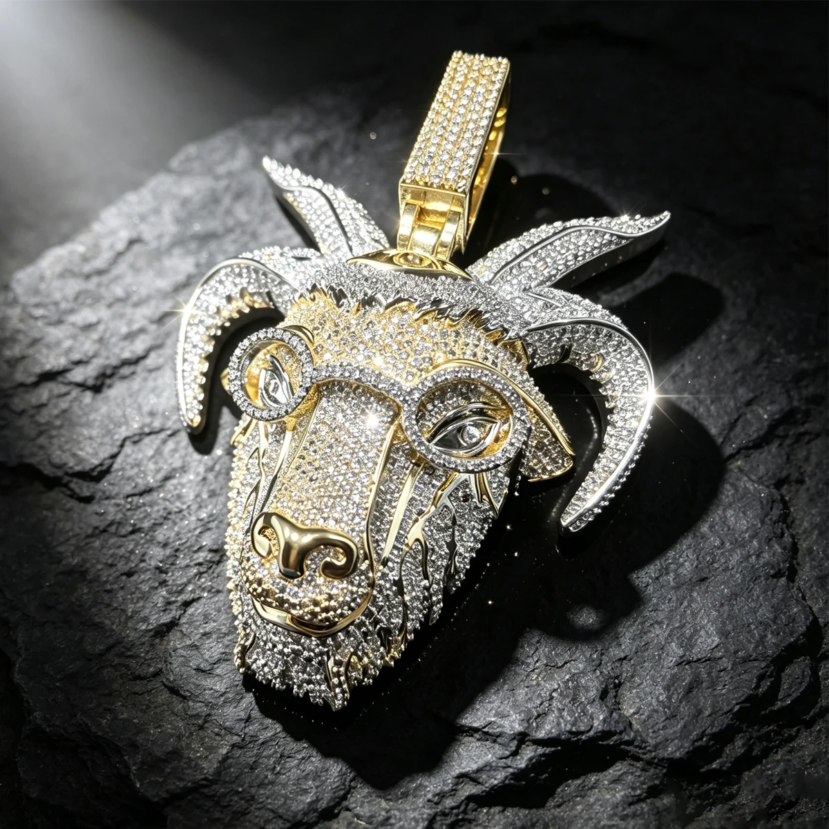 Hip Hop Goat Head With Glasses Pendant Micro Paved Shiny Men Streetwear Rap Accessory Luxury Bling Trendy Icy Gift Full Diamond Fine Jewelry Gifts for Men Boy Friends Rapper 3D Iced Out Goat Pendant Two-Tone 18K Gold Plated Cubic Zirconia Charm Jewelry
