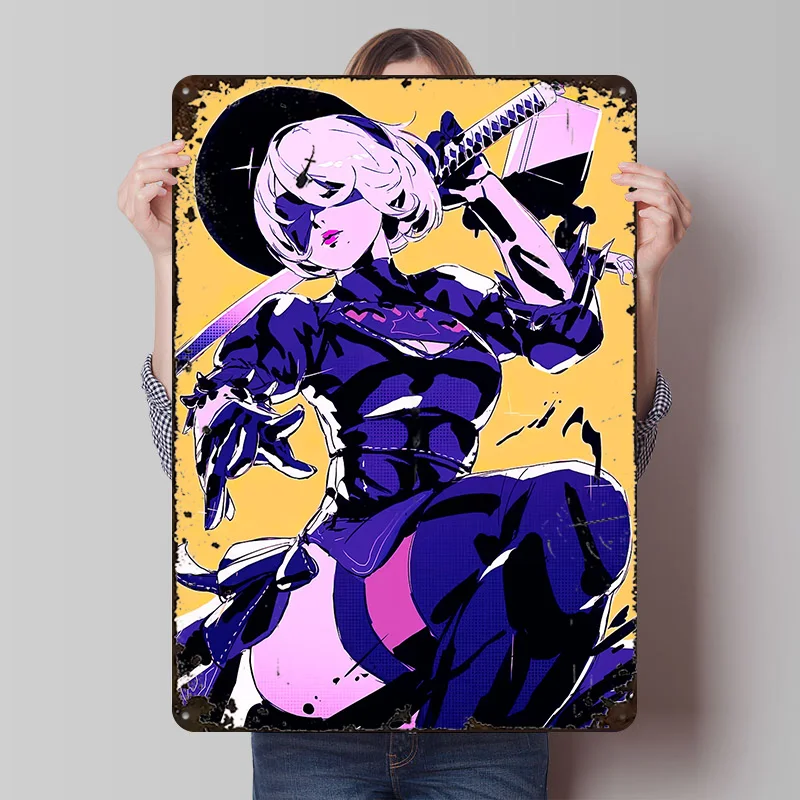 2B Cyberpunk Anime Art Poster Customized Wall Art Vintage Metal Signs Retro Tin Plaque for Man Cave Home Decor Accessories House