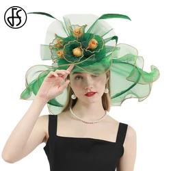 FS Organza Church Kentucky Derby Hats Fascinator For Women Wedding Bride Cocktail Tea Party Green Sun Cap Veil Flower Feather