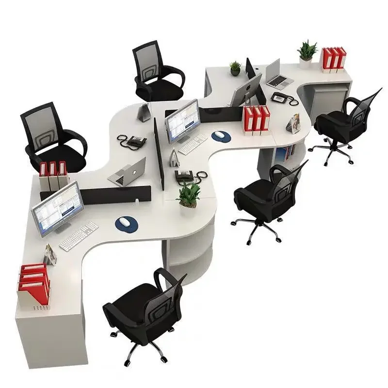 Staff desk four people, simple modern screen work seat creative corner shaped 6 people table and chair combination