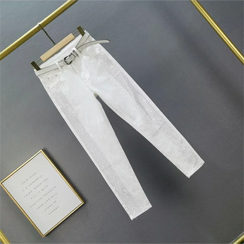 Hot Rhinestones Jeans Feet Pants Female Tide 2024 New Fashion High Waist Elastic Slim Slim Jiufen Denim Pants Pencil Trousers