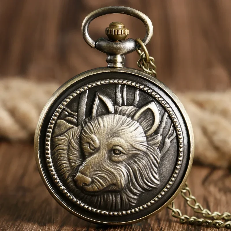 Vintage Bronze Style Wolf Dog Arabic Number Men's Quartz Pocket Watch with Chain Necklace Pendant Full Hunter Antique Gifts