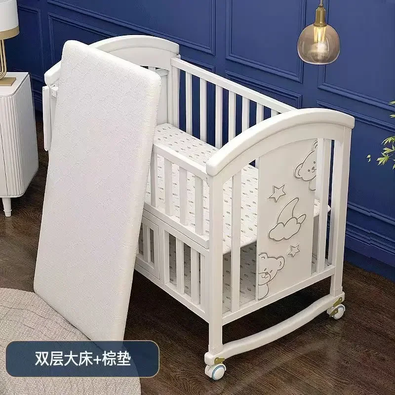 Tempat tidur bayi multifungsi, tempat tidur bayi BB kayu padat tidak dicat tempat tidur goyang untuk bayi baru lahir, tempat tidur besar dapat digerakkan anak-anak