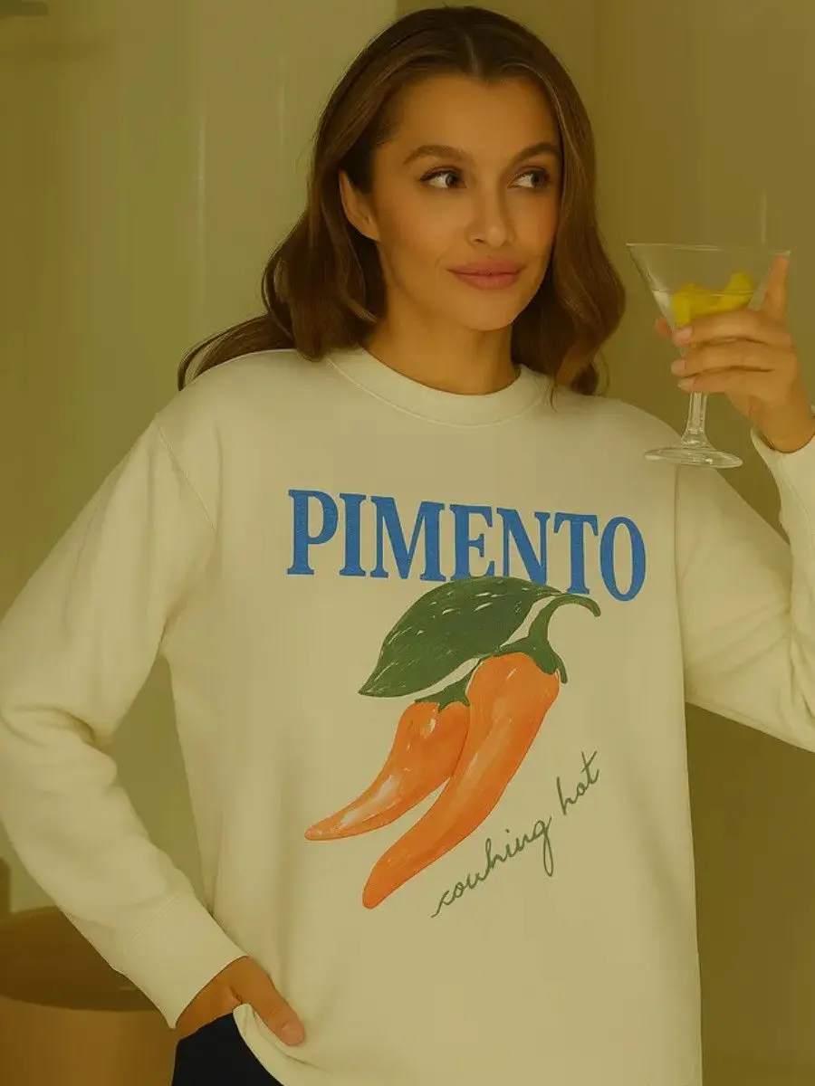 

Милые белые толстовки для русских девочек, милый пуловер с длинными рукавами и принтом чили, большой размер, повседневный для молодых женщин