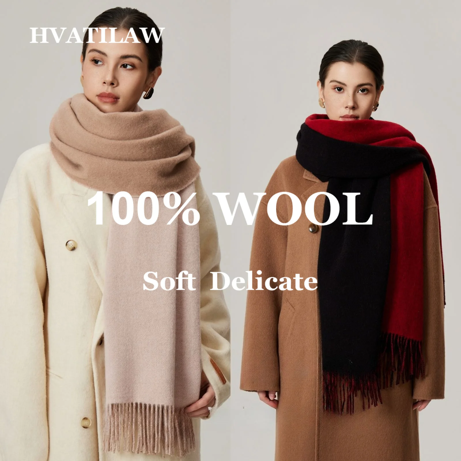 100% Wool Solid Scarf for Women Double-sided Different Colors Winter Warm Soft Thick Cozy Long Shawl Wrap Pashmina Neckerchief