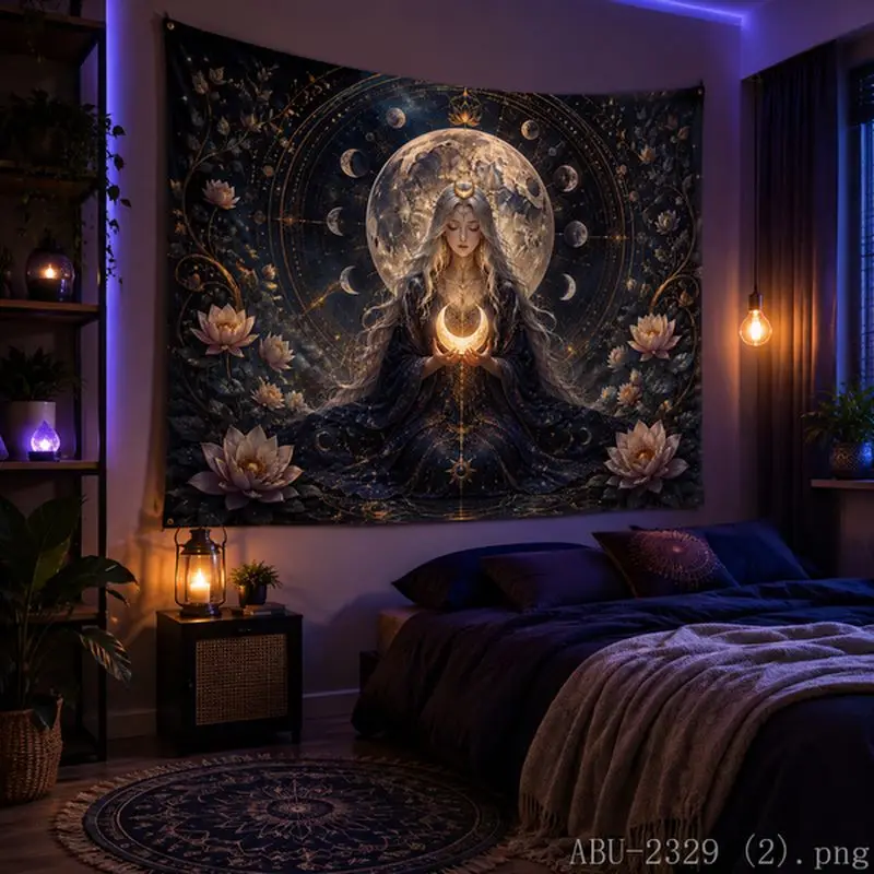 VIKAMA Full Moon Star Track Lotus Kneeling Worship Moon God Tapestry Tea Room Quiet Atmosphere Room Decoration