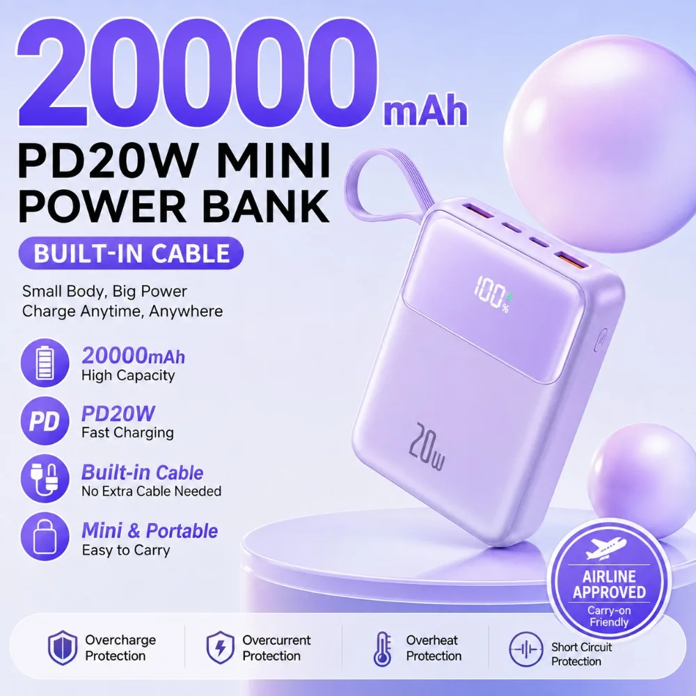 20000mAh Large Capacity PD20W Mini Power Bank Built-in Cable Two Way Fast Charging Compact Portable for IPhone Samsung Xiaomi