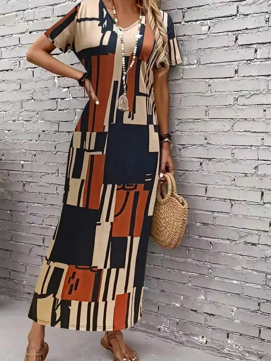 

Womens V-Neck Maxi Dress With Retro Abstract Geometric Print, Slimming Casual Summer Long Style In Earthy Tones