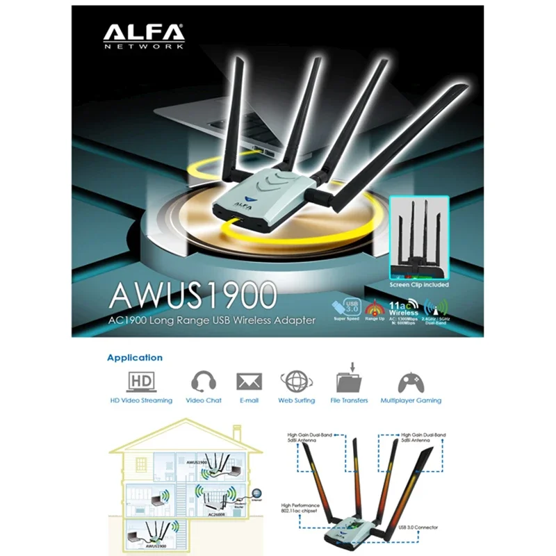 ALFA AWUS1900 wykorzystuje chipset RT8814U Dwuzakresowa bezprzewodowa karta sieciowa dużej mocy 2,4\\5G dla systemu Kali Linux Netscout AirMagnet