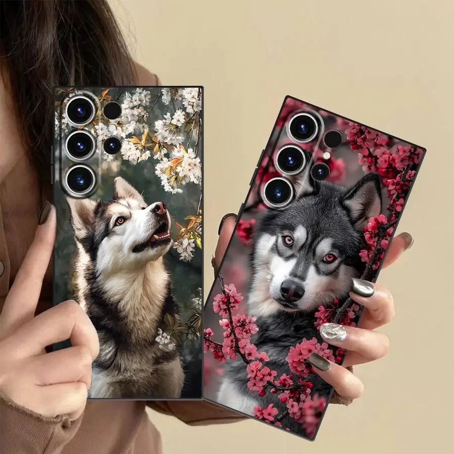 Case for Samsung Galaxy S26 Ultra S21 S22 S20 FE S24 Note 20 10 S25 Plus S23 Phone Cover Wolf With Cherry Blossoms