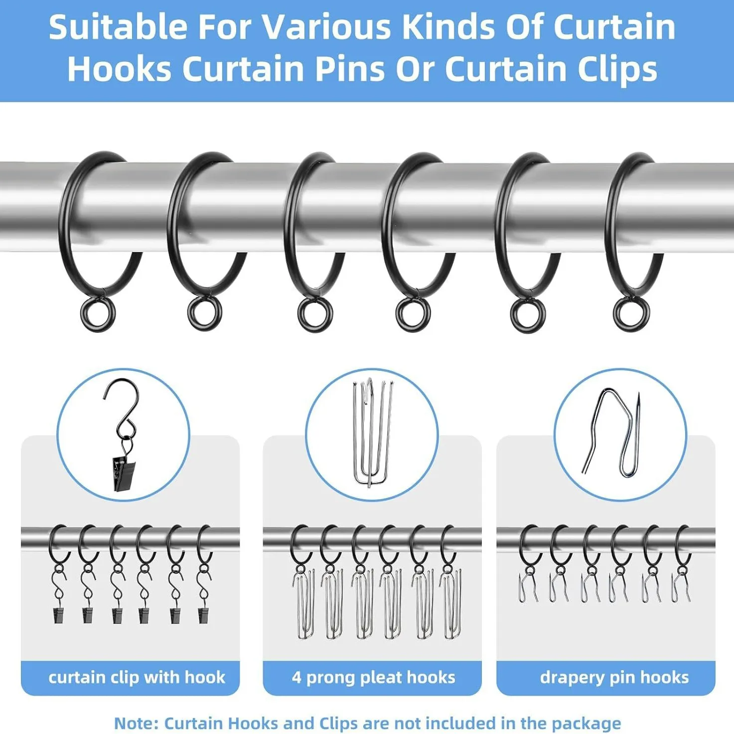 【Bulk 48 Pack】Metal Curtain Clip Rings, Roman Style Drapery Hooks for Shower Curtains, Window Treatments - DIY Hardware