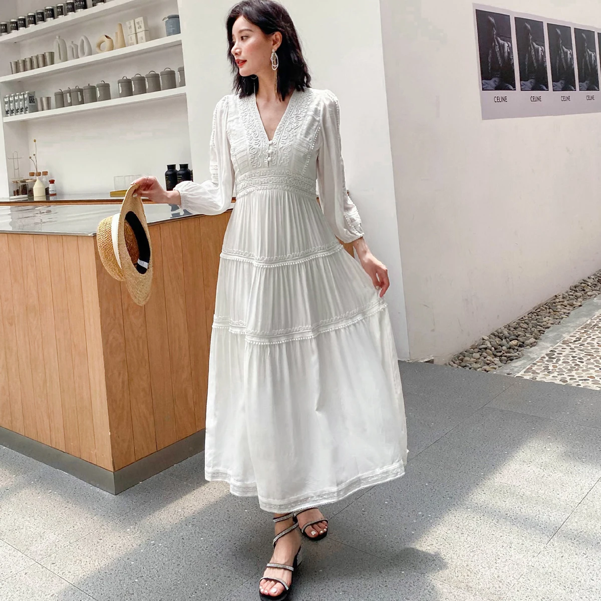 Jaastie V-Neck Spring Autumn Dress Women Bohemian Retro Embroidery Long Dresses Hippie Casual Boho Beach Holiday Maxi Dress