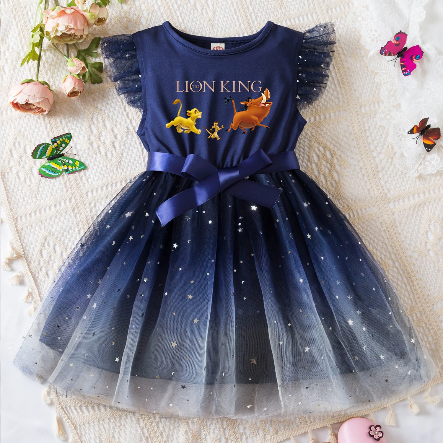 The Lion King Sweet Girls Summer Clothes Flying Sleeves Bow Sequin Dress 2-6Y Kid Birthday Tutu Princess Dress for Baby Girl