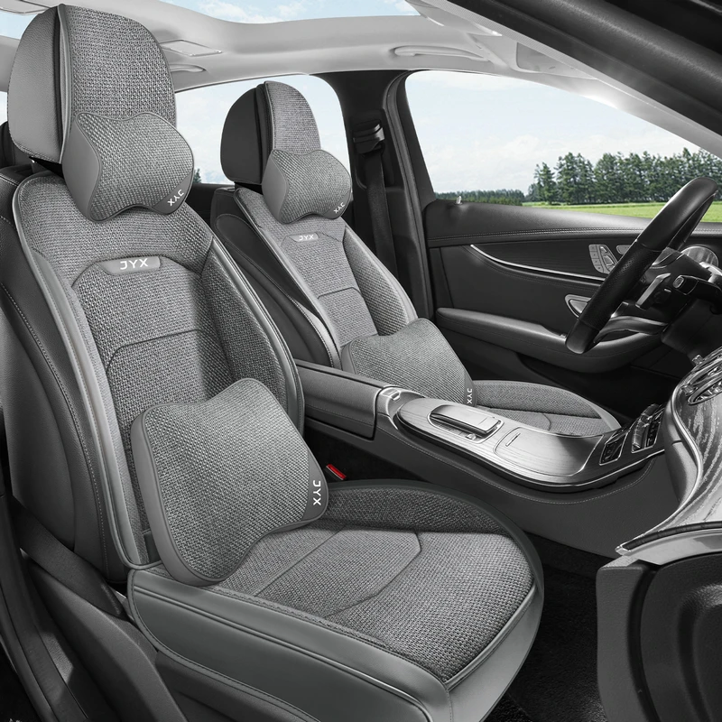 (Luxury Edition) Dual Front Seats with 2 Soft Headrests and 2 Comfortable Lumbar Supports, Suitable for All Seasons, Comfortable, Breathable, Easy to Care For, Linen Car Seat Cushions, Universal Fit, Wear-Resistant, Precise Fit for Original Car Seats, Front Seat Cushions, Front Storage Pocket Design, Washable and Easy to Care For, 3D Design, Enhance Your Driving Experience, Available in Five Colors, Suitable for Various Car Models