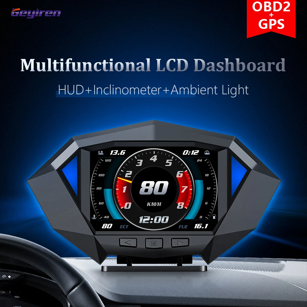 Geyiren P1 Car Head Up Display OBD2 GPS Auto On-board Computer Security Alarm temperatura dell\'acqua consumo di carburante inclinometro HUD