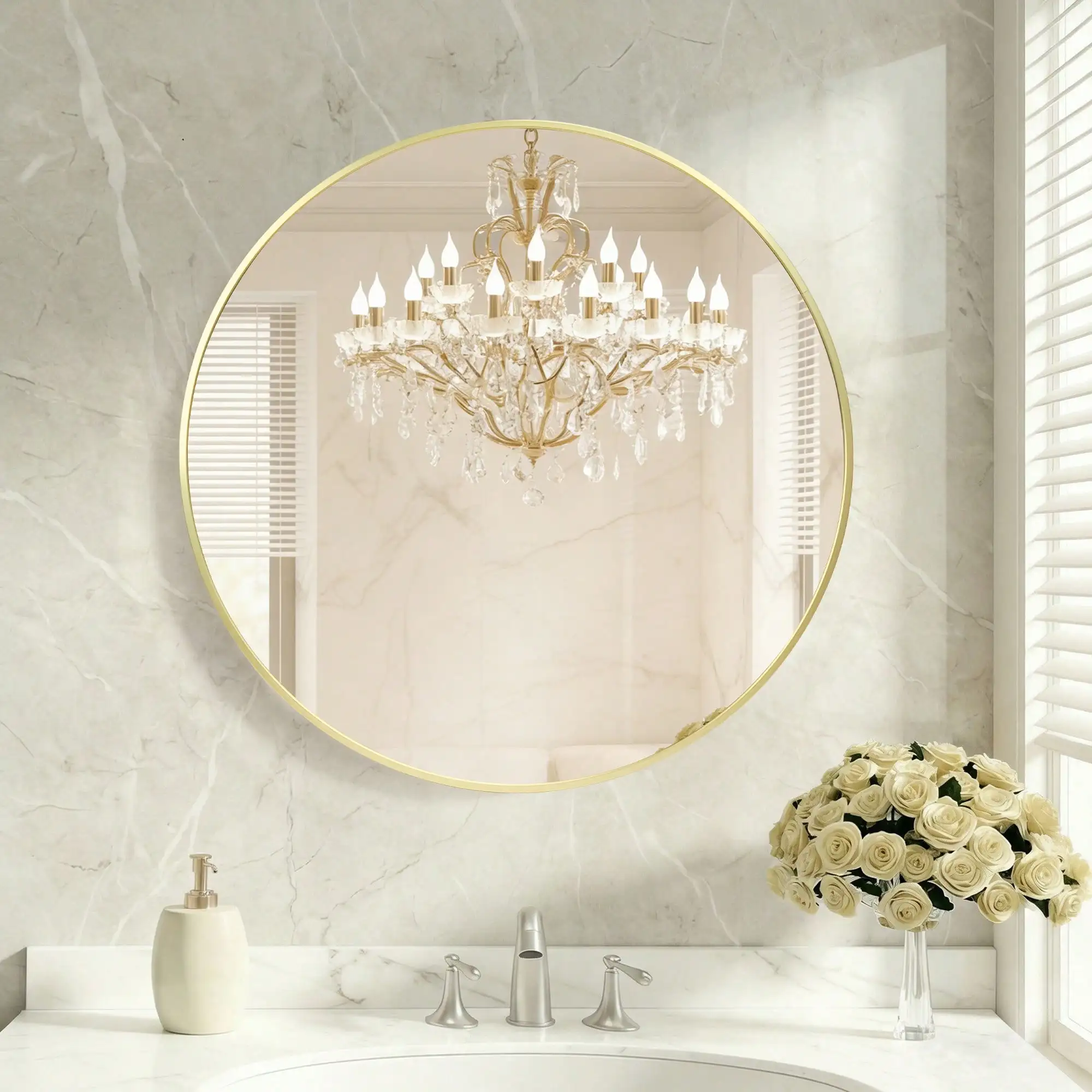 Wall Round Mirror With Crystal Clear Reflection, Convenient Hanging Hooks, And Premium Aluminum Alloy Construction