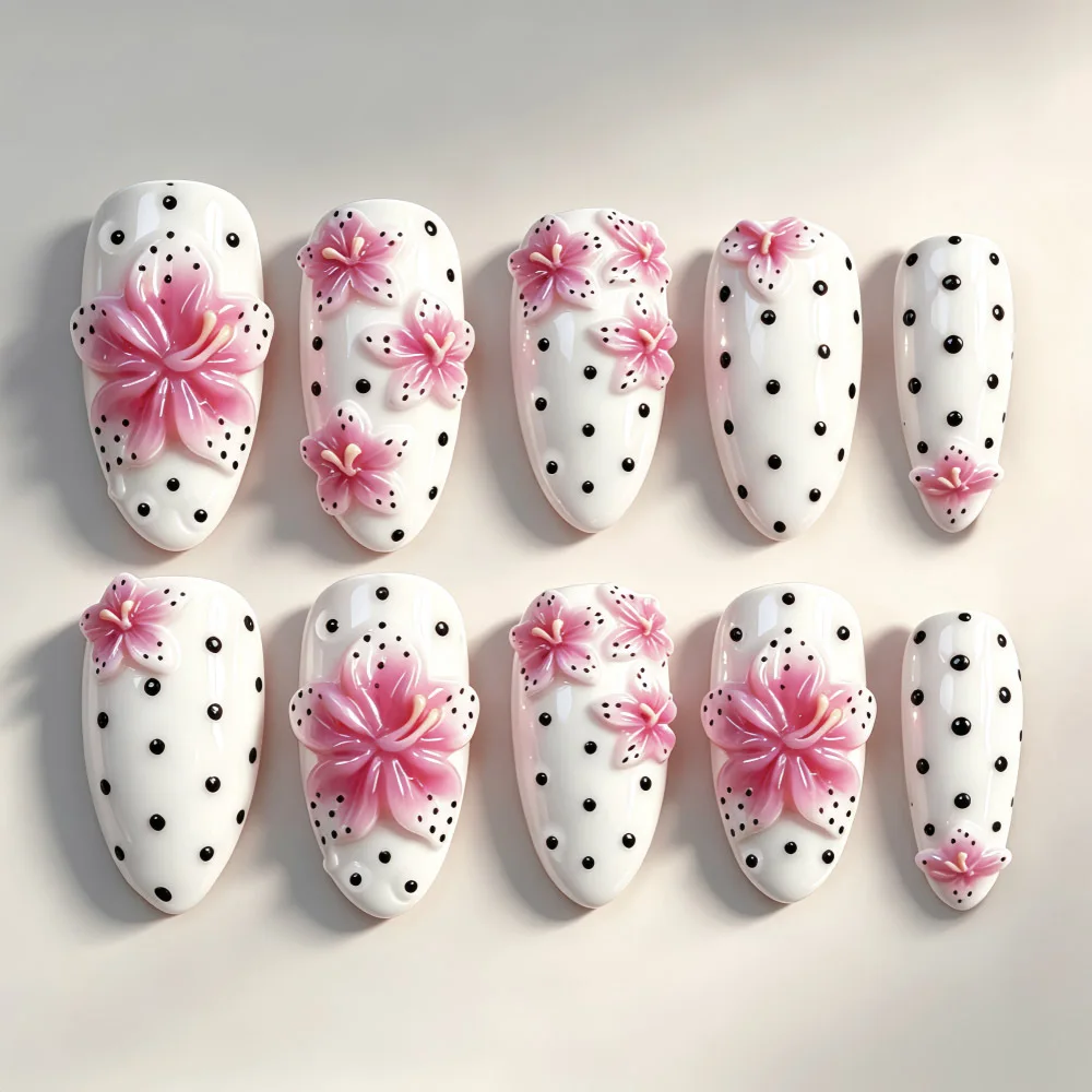 30pcs White Polka Dot Oval Press On Nails 3D Sculpted Pink Lily Flower Fake Nail Sweet Y2K Almond False Nail for Women&Girl