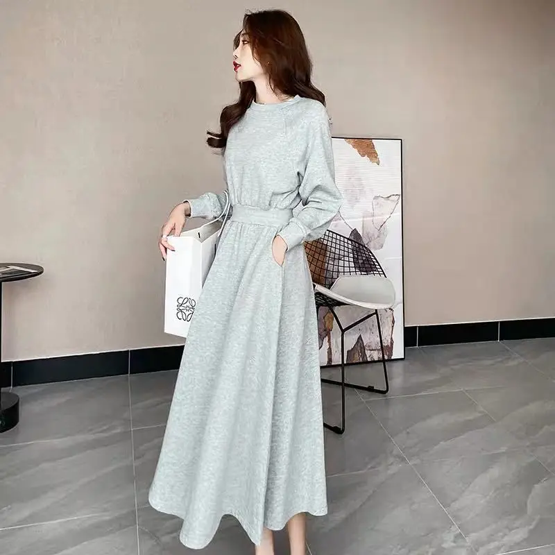 Solid O Neck Patchwork Long Sleeve Cotton Dresses Elegant Fashion Harajuku All Match Female Clothes Casual Mid Length Skirt