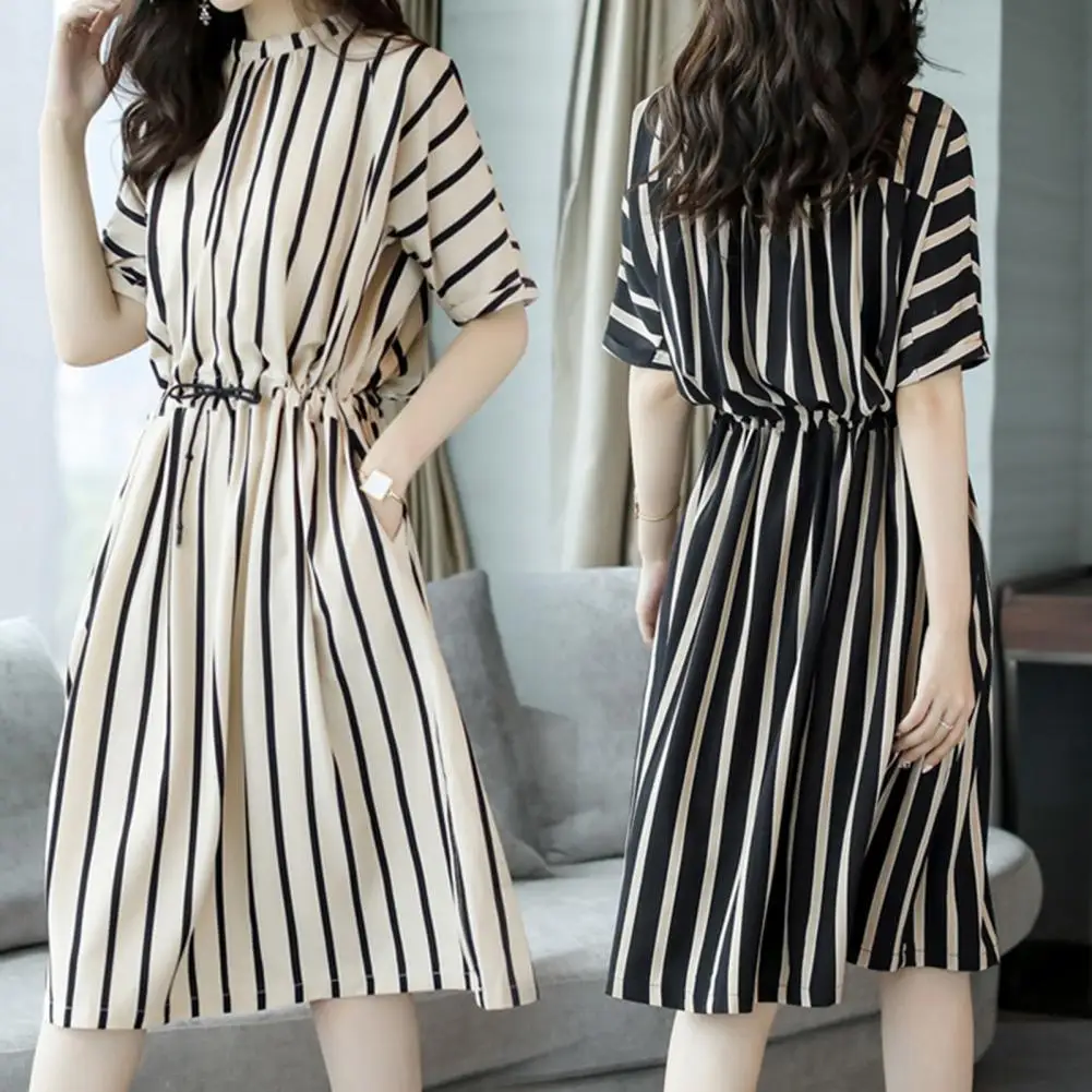 

O-neck Half Sleeve Slant Pockets Elastic Waist Midi Dress Women Casual Vertical Striped Print Summer Dress Female Clothing