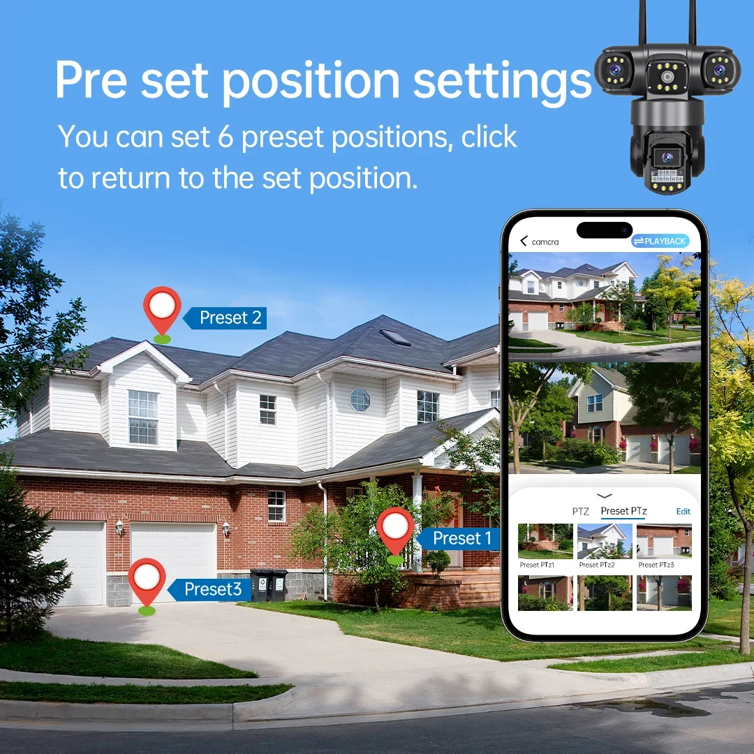 4G 12MP 6K IP CCTV Outdoor Waterproof Security Camera 3 Lens Night Vision Two-way Intercom Mobile Monitoring Alarm 360°PTZ