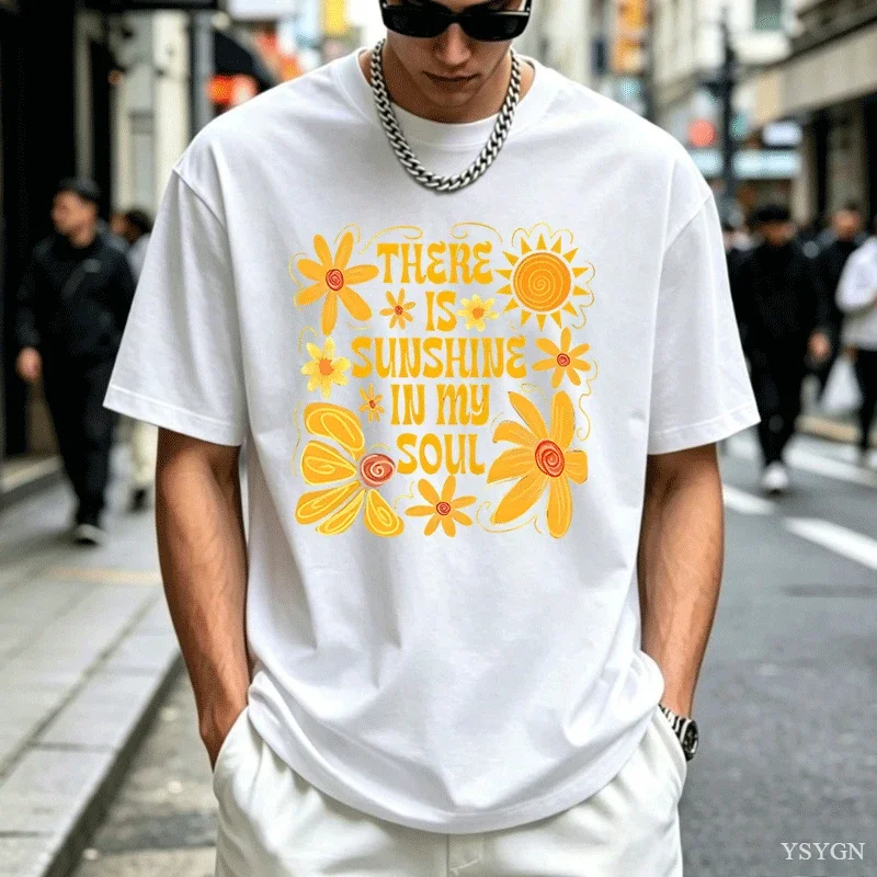 Sunshine in My Soul T-Shirt Men Mental Health T Shirt Retro Boho Summer Vibes Tshirt Flower Tee Casaul Round Neck Tees Tops