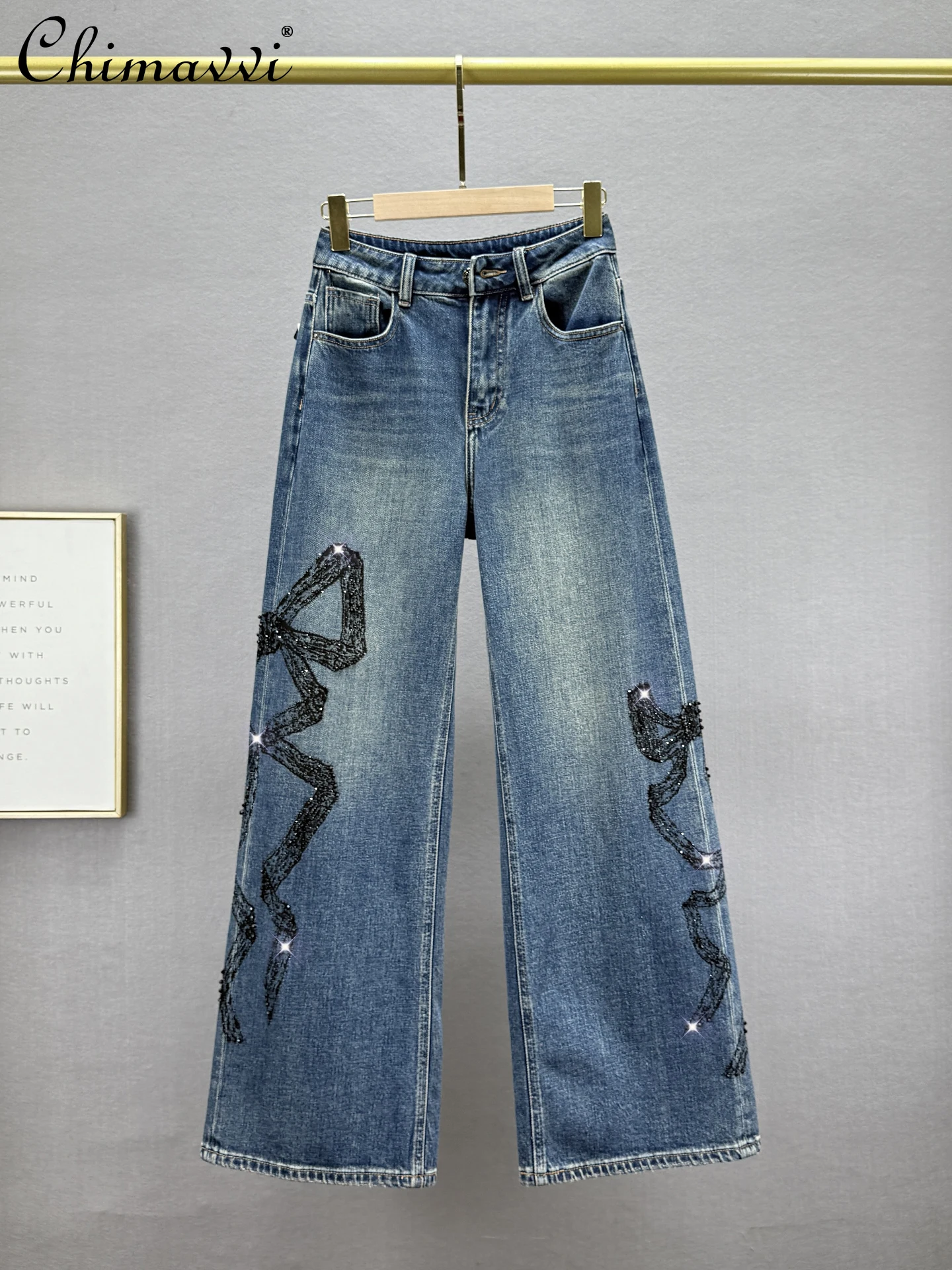 

Джинсы с высокой талией, женские широкие брюки, осень 2023, новая мода, свободные облегающие европейские брюки длиной до пола с горячим бурением