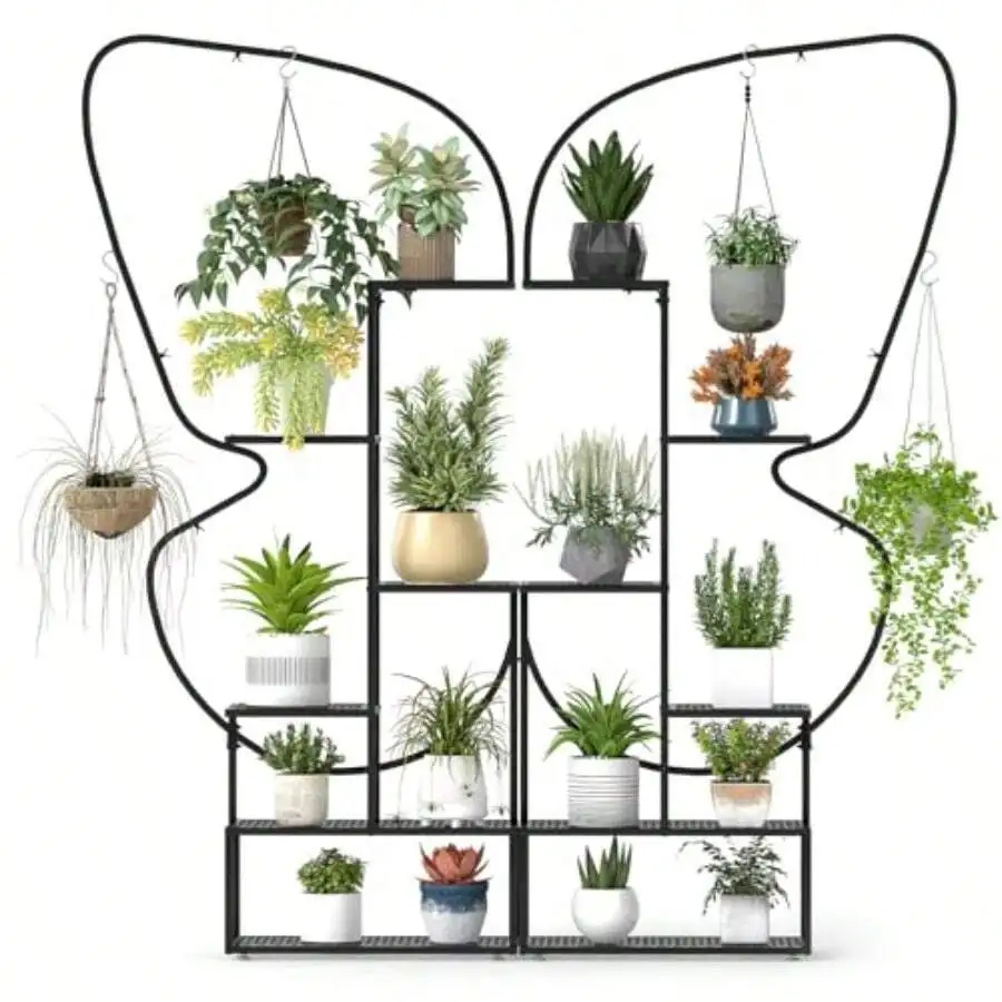 2 Pack 6-Tier Metal Plant Stand, 73' Tall Butterfly Shaped Flowerpot Holder Shelf With 12 Metal Mesh Boards 4 Hanging Hooks, Ind