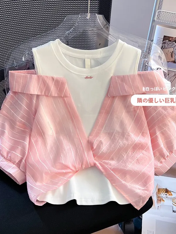 Summer 2026 Women's Short Sleeve Striped Shirt Design Sense Fake Two-Piece Versatile Short Length Shoulder Bared Top