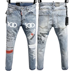 Chareiharper dsq 9809 Men`s jeans quadratic slim cotton elastic light color printing laser process Tear Process Italian pants