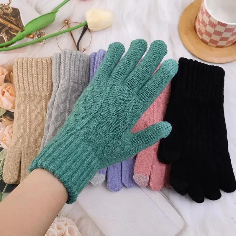 New Men\'s Warm Full Finger Gloves Winter Touchscreen Plus Fleece Gloves Woman Thickening Wool Knitted Cycling Driving Gloves