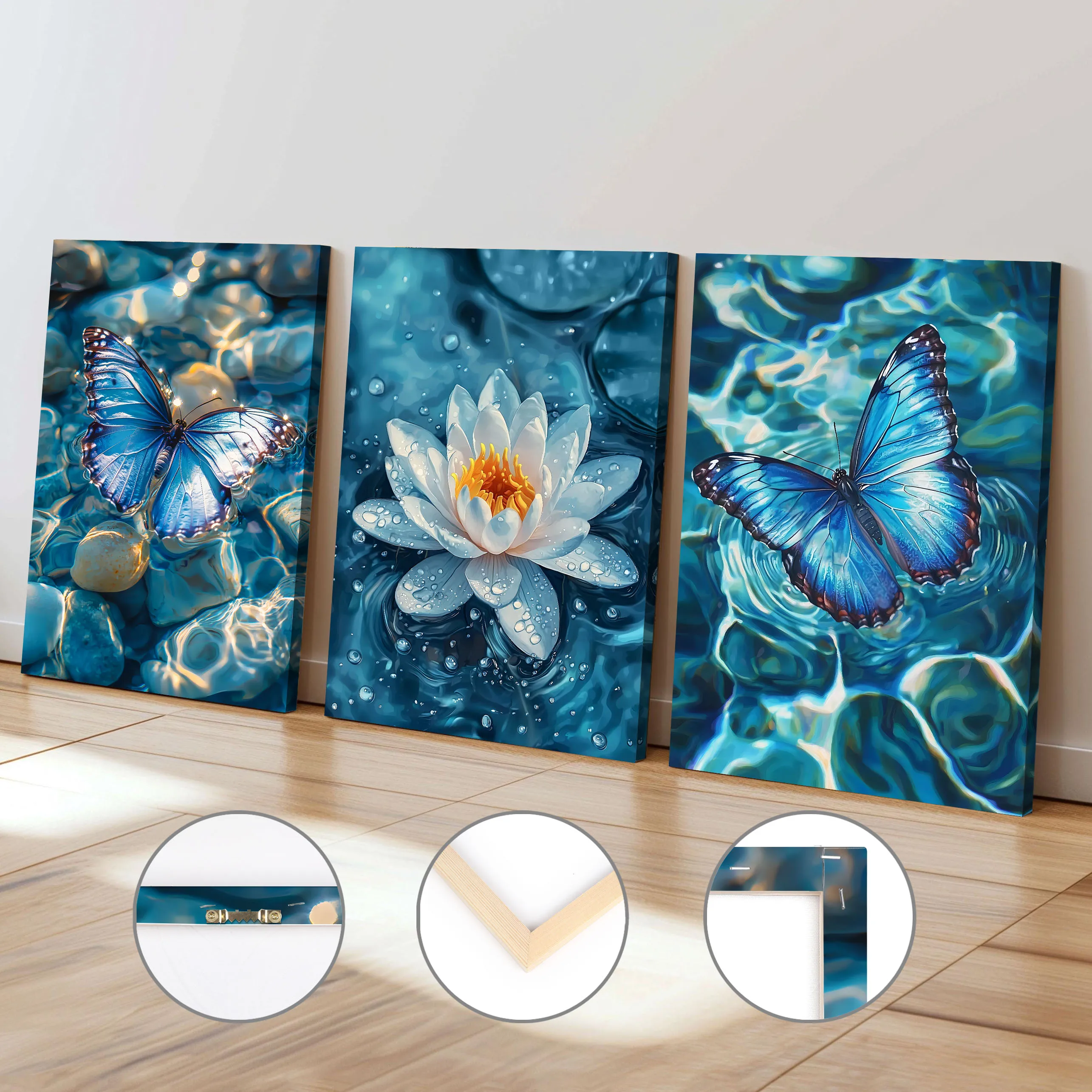 Blue Mysterious Aesthetic Lotus Flower Poster Butterfly Flower Nature Landscape Framed Canvas Painting Perfect Home Office Decor