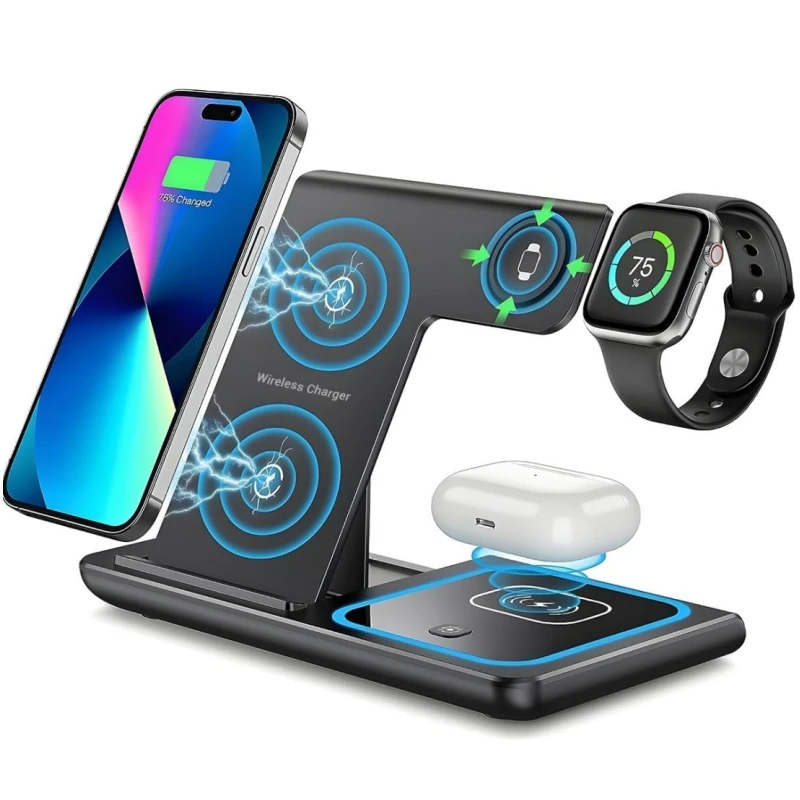 

Складная подставка для быстрой беспроводной зарядки 3 в 1, быстрая зарядка 15 Вт для iPhone 16, 15, 14, 13, 12 Pro Max/Pro, 2,5 Вт для Apple Watch