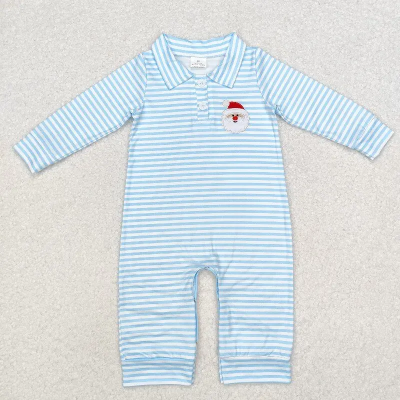 8.19y Boys Baby Romper Embroidered Santa Claus Design Blue Striped Long Sleeve Onesie New Wholesale Boutique Infant Clothing