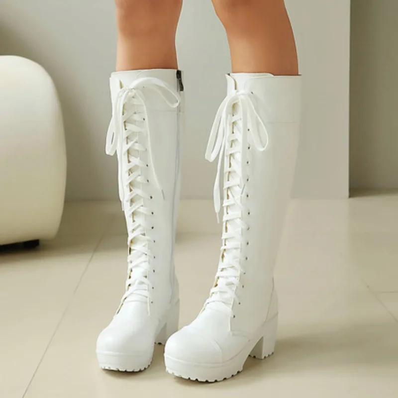 Platform Women's Riding Knee High Boots Lace Up Gothic Motorcycle Boots with Side Zipper Chunky Square Heels Women Combat Boots