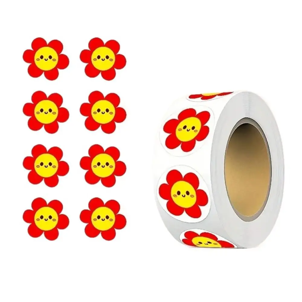 500pcs/roll Teacher Praise Little Red Flower Sticker Envelope Decoration Sticker Cute Face Stickers Creative Masking Tape
