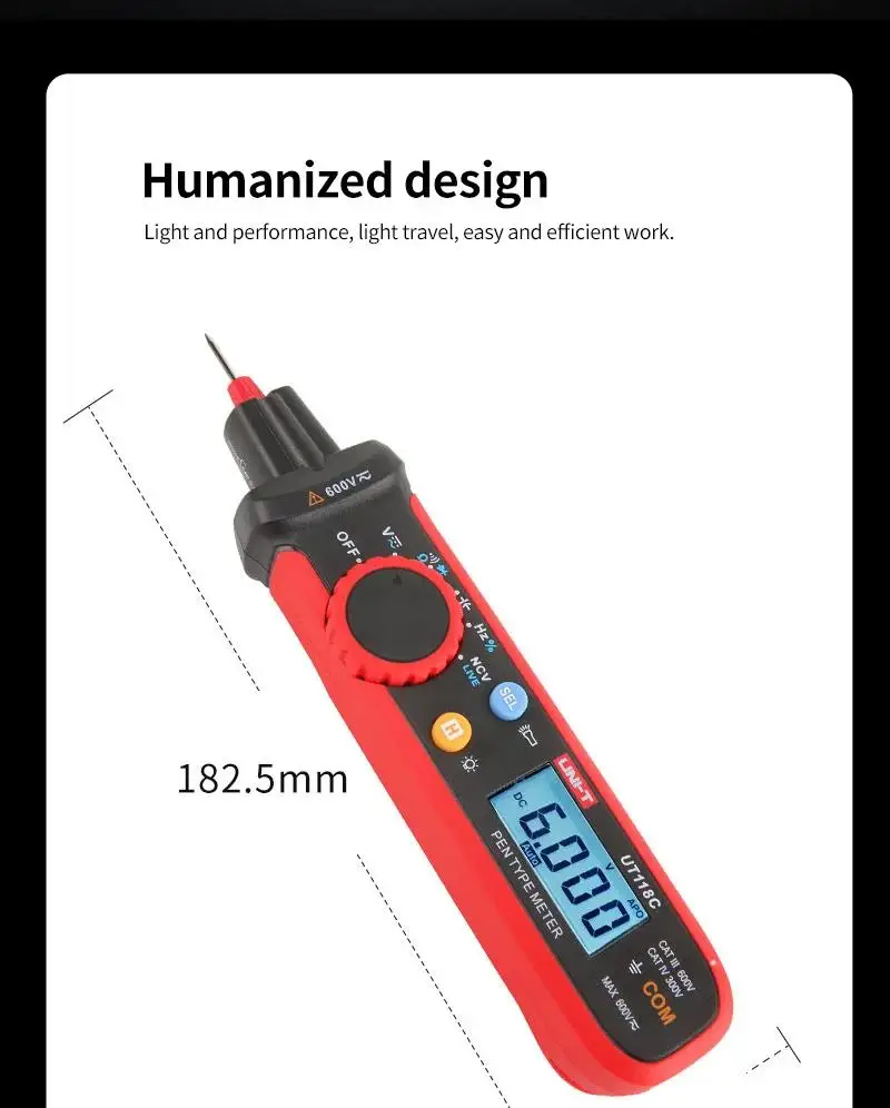 Imagem -04 - Pen tipo Multímetro Digitais 6000 Contagens Tensão ac dc Capacitância de Resistência Diodo de Freqüência ef Ncv Multi Tester Uni-t-ut118c