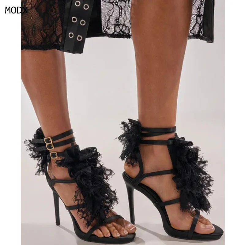 2026 Schwarze Plissierte Sandalen mit Spitzenverzierung Knöchelriemen Seitlich Geschnitten Damenschuhe Dünne Hohe Absätze Sexy Schuhe Zapatos Para Mujere 44