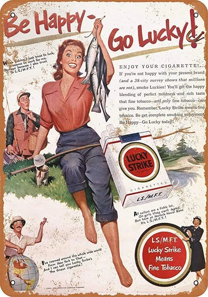 1951 Lucky Strike Cigarettes And Fishing Vintage Metal Sign 8x12 inches, TinSignEUa29584 sign