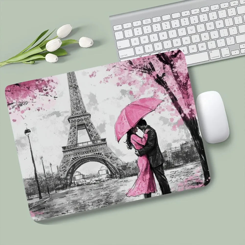 

Большой коврик для мыши с романтическим парижским пейзажем, Эйфелевой башней и розовыми цветами вишни, расширенный настольный коврик