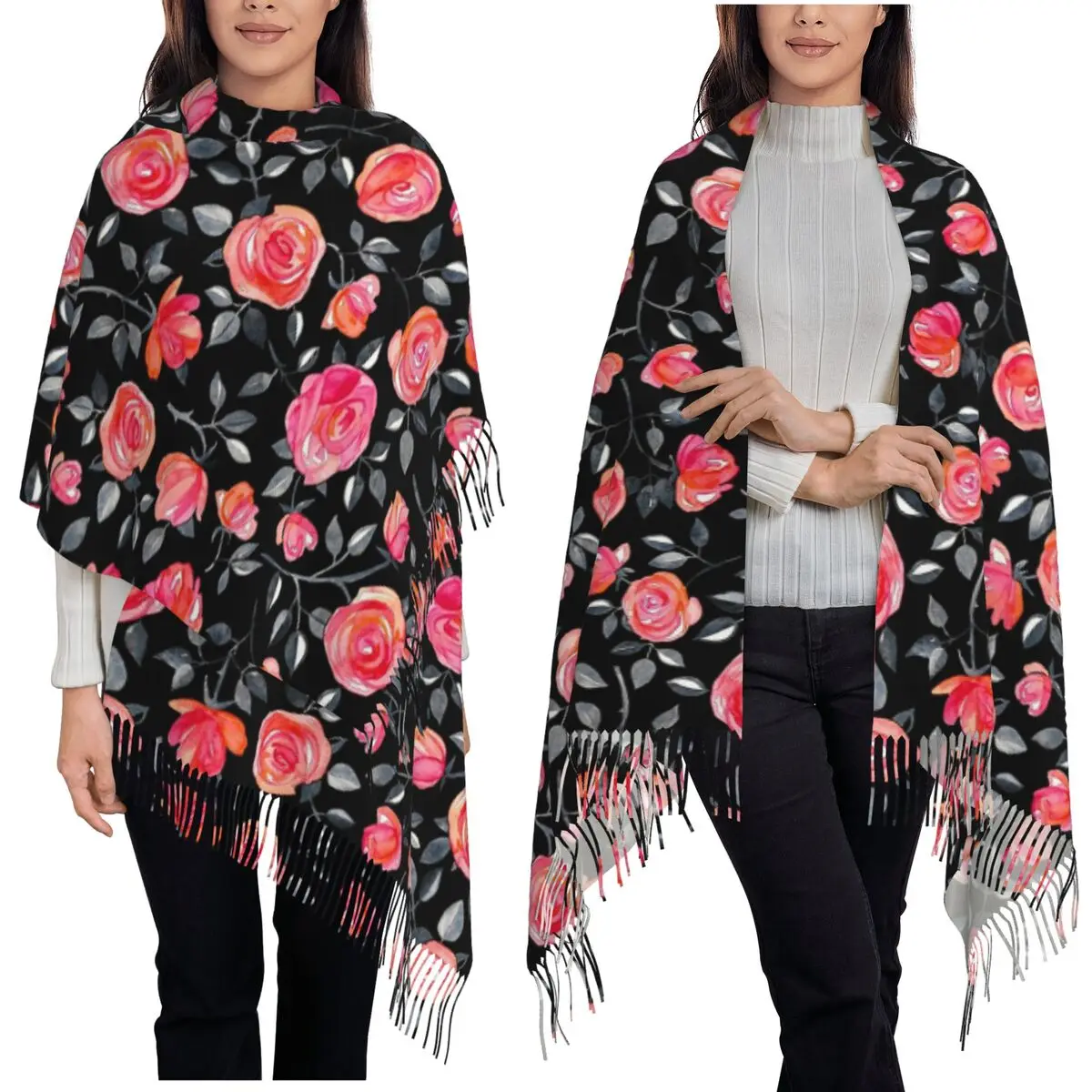 Rosas en negro, bufanda con estampado Floral de acuarela, bufandas con borlas para mujer, chal suave y cálido y envolturas, chal grande para Otoño e Invierno