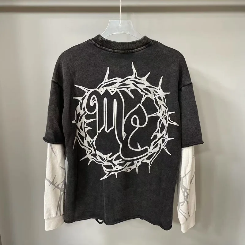 Mixed Emotion High Street Washed Vintage Loose Casual Men's and Women's Patched Double-Checked Long-Sleeved Sweatshirt