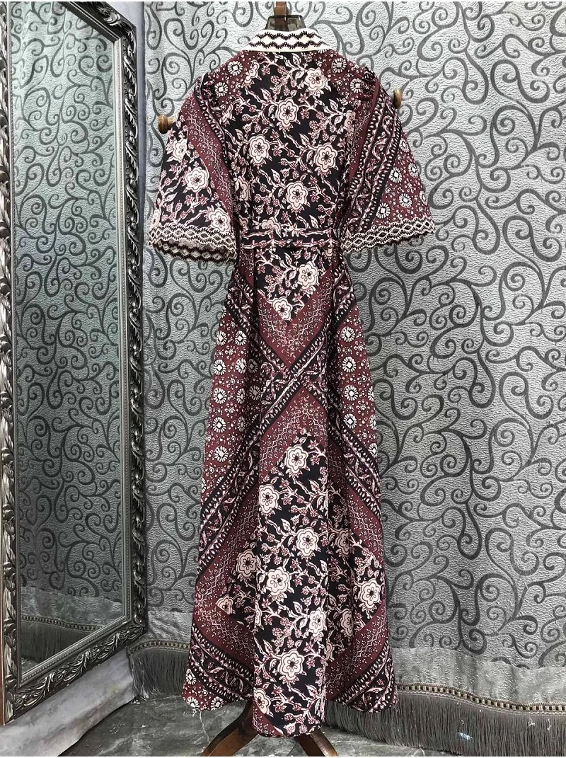 New 2024 Autumn Long Dress High Quality Women Vintage Print Belt Deco Wide Sleeve Elegant Party Luxury Lady Cotton Linen Dress