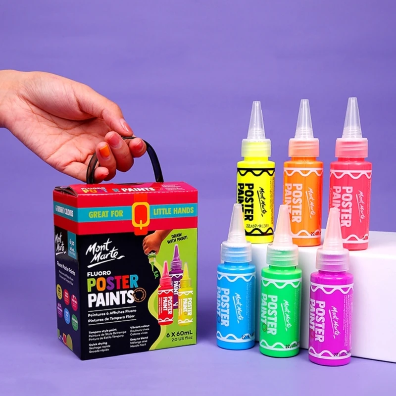 مجموعة طلاء أصابع قابلة للغسل من 6 ألوان للأطفال بعمر 3 سنوات فما فوق، لون أساسي/فلورسنت/معدني K1KF