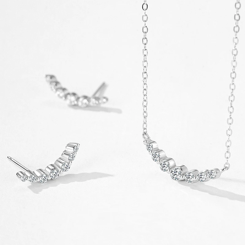 S925 Pure Silver New Edition One-Sided Smiling Line Necklace & Earrings Set for Women - Unique Design with Full Diamond Jewelry