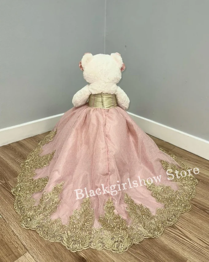 Mini vestido de quinceañera Rosa melocotón, vestido de oso de peluche, apliques dorados de lujo, 2024