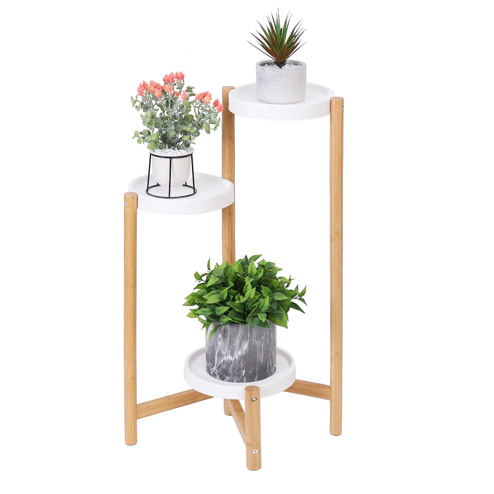 Soportes de plantas de bambú para interior, soporte de plantas de esquina alta de 3 niveles y estante de exhibición de plantas para jardín al aire libre