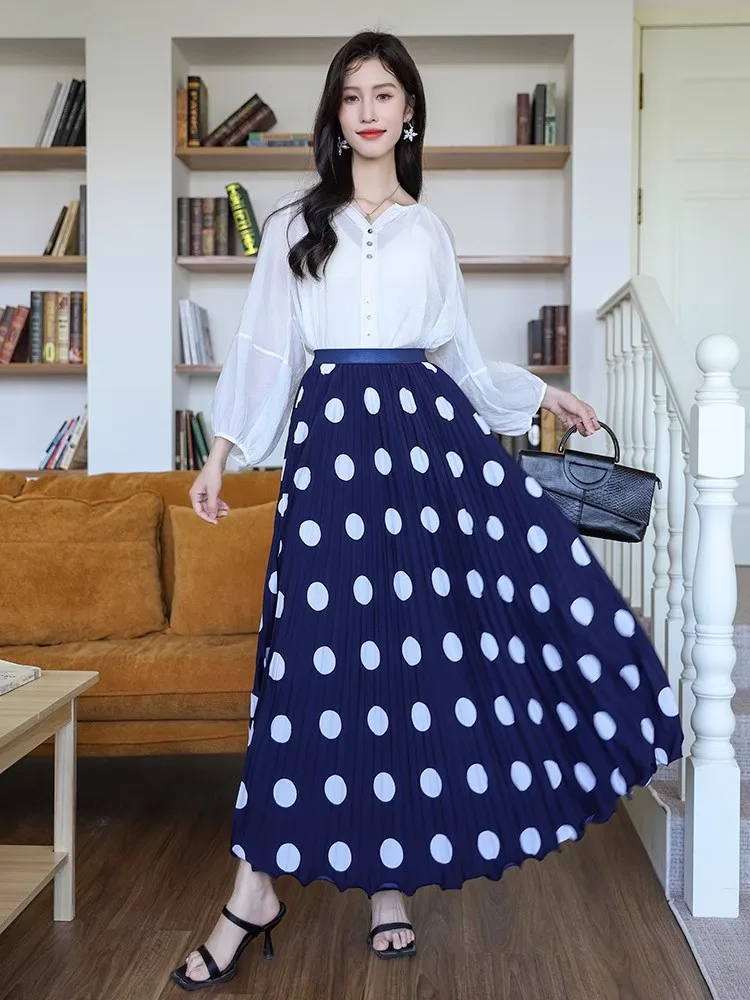 95Cm Summer South African Polka Dot Classic Versatile Slimming Pleated Long Skirt For Women